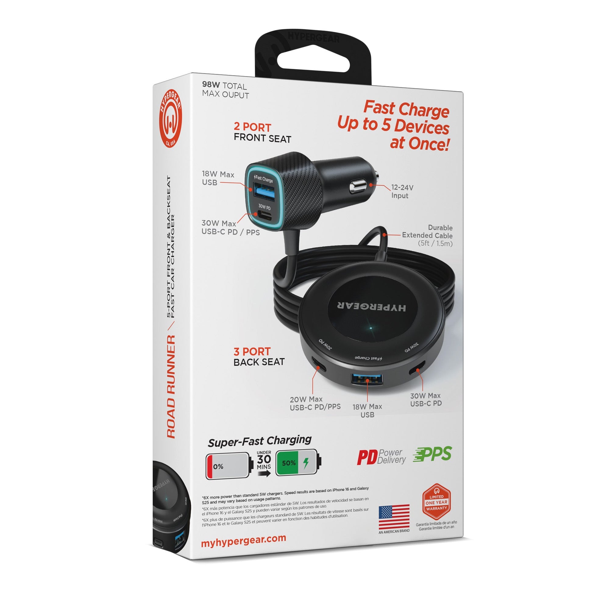 Road Runner 98W 5-Port Front & Backseat Fast Car Charger with Dual 30W USB-C PD PPS - US Stores