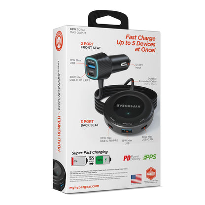 Road Runner 98W 5-Port Front & Backseat Fast Car Charger with Dual 30W USB-C PD PPS - US Stores