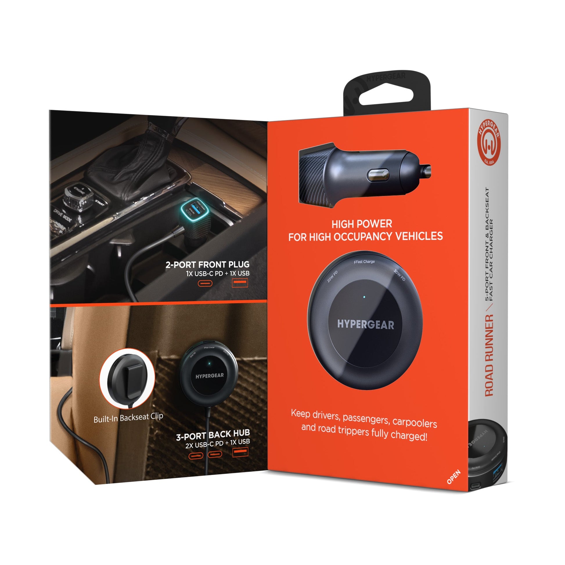 Road Runner 98W 5-Port Front & Backseat Fast Car Charger with Dual 30W USB-C PD PPS - US Stores