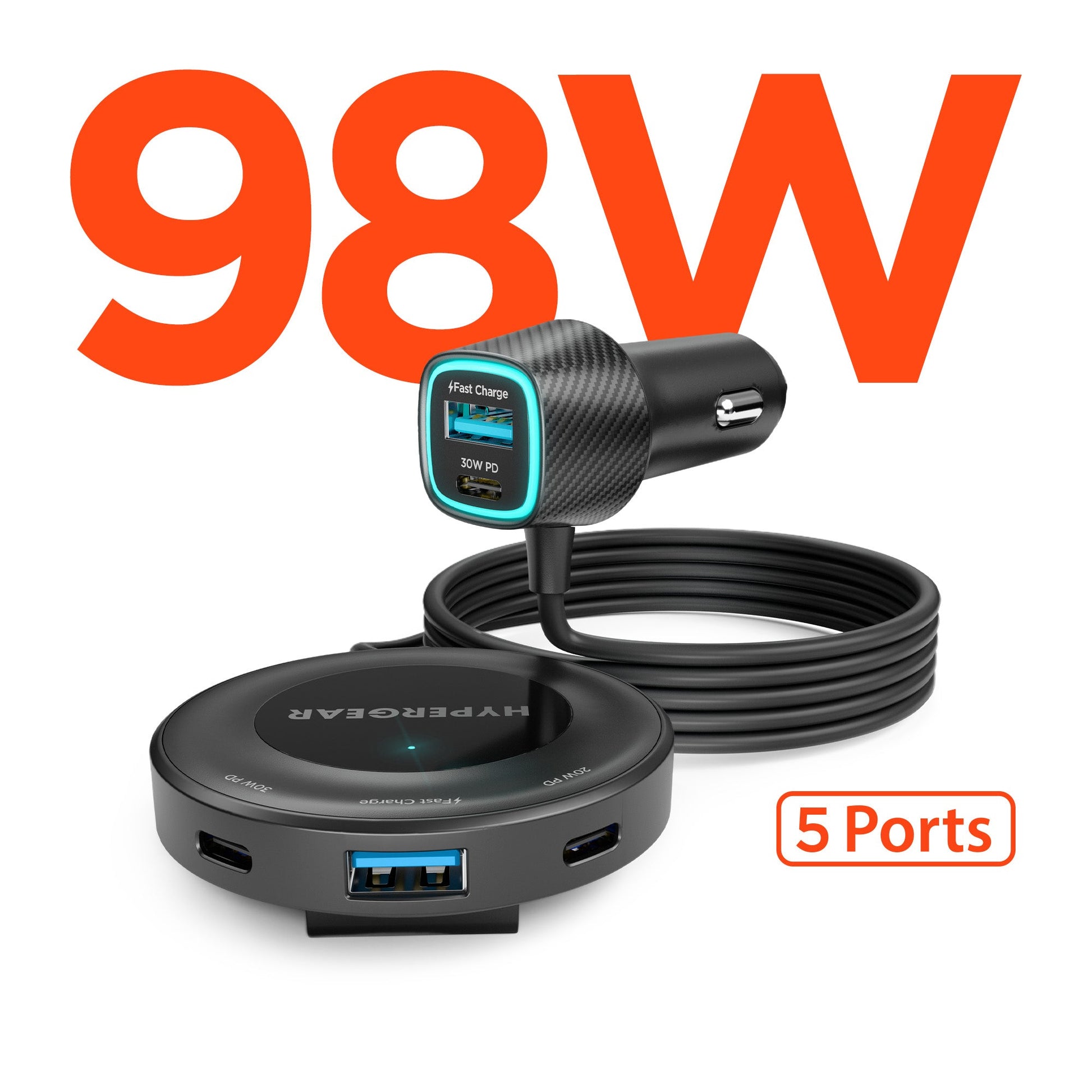 Road Runner 98W 5-Port Front & Backseat Fast Car Charger with Dual 30W USB-C PD PPS - US Stores