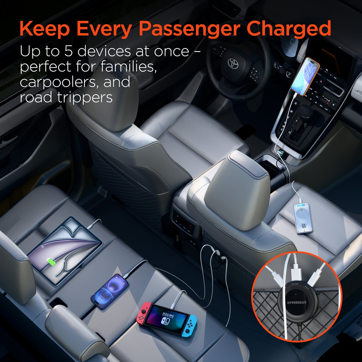Road Runner 98W 5-Port Front & Backseat Fast Car Charger with Dual 30W USB-C PD PPS - US Stores