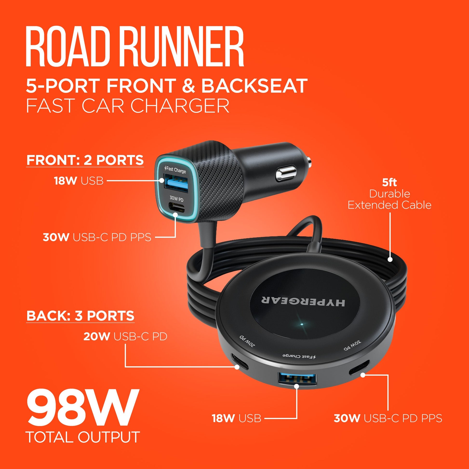 Road Runner 98W 5-Port Front & Backseat Fast Car Charger with Dual 30W USB-C PD PPS - US Stores