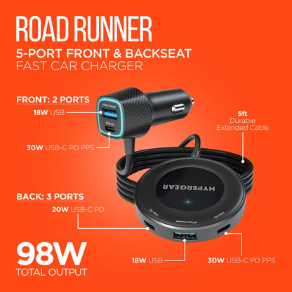Road Runner 98W 5-Port Front & Backseat Fast Car Charger with Dual 30W USB-C PD PPS - US Stores