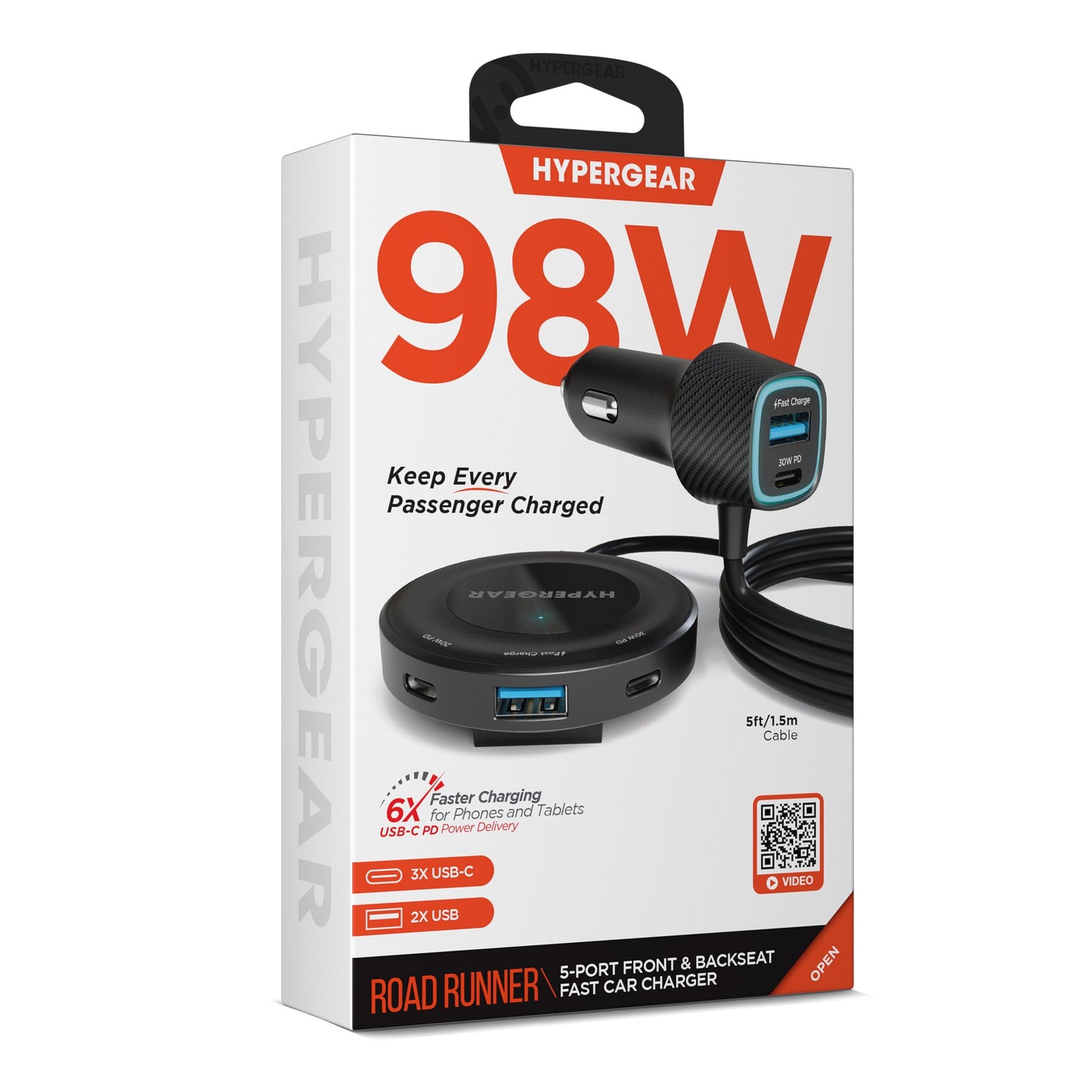 Road Runner 98W 5-Port Front & Backseat Fast Car Charger with Dual 30W USB-C PD PPS - US Stores