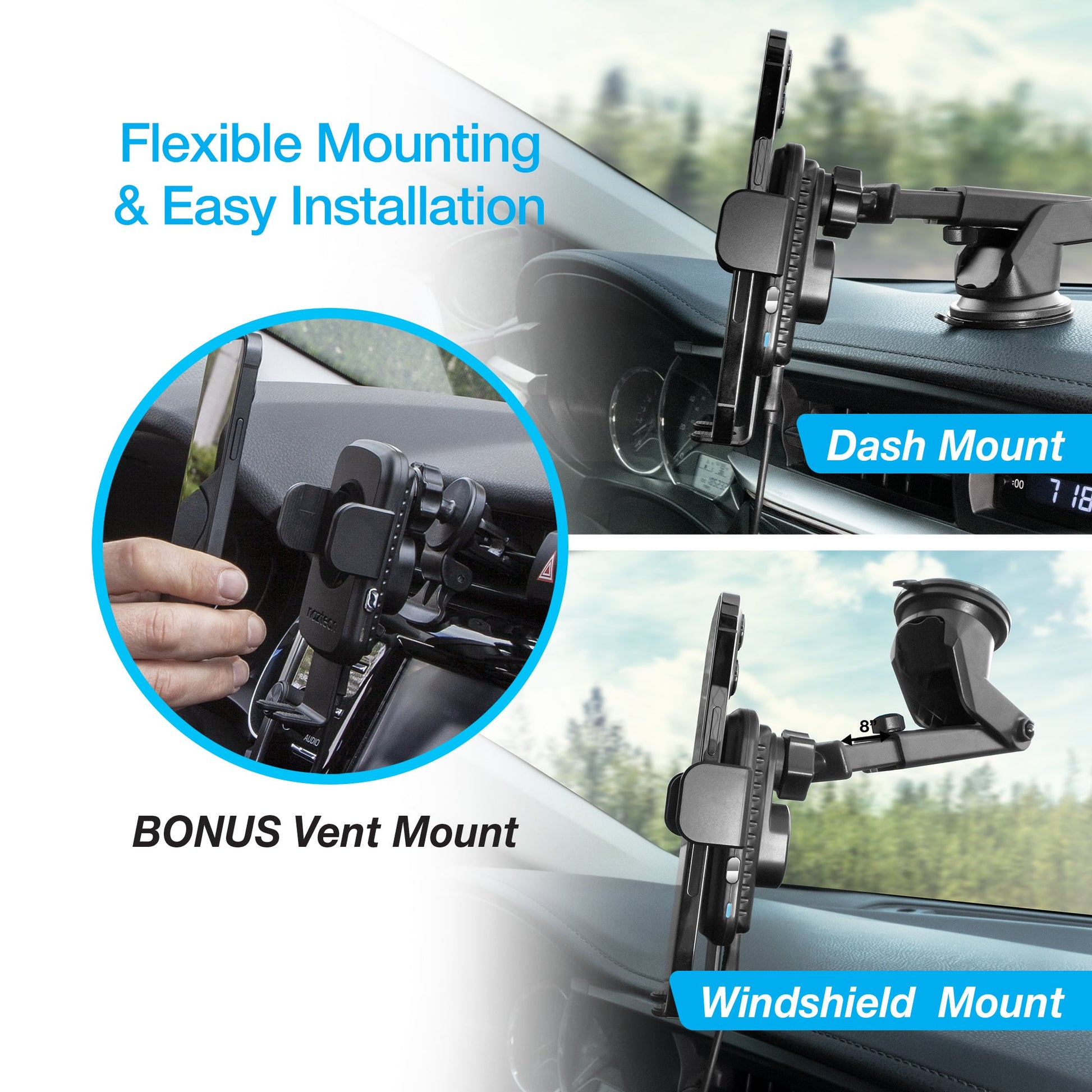 Smart Grip 15W Wireless Fast Charging Mount | Vent + Dashboard + Windshield | Black - US Stores