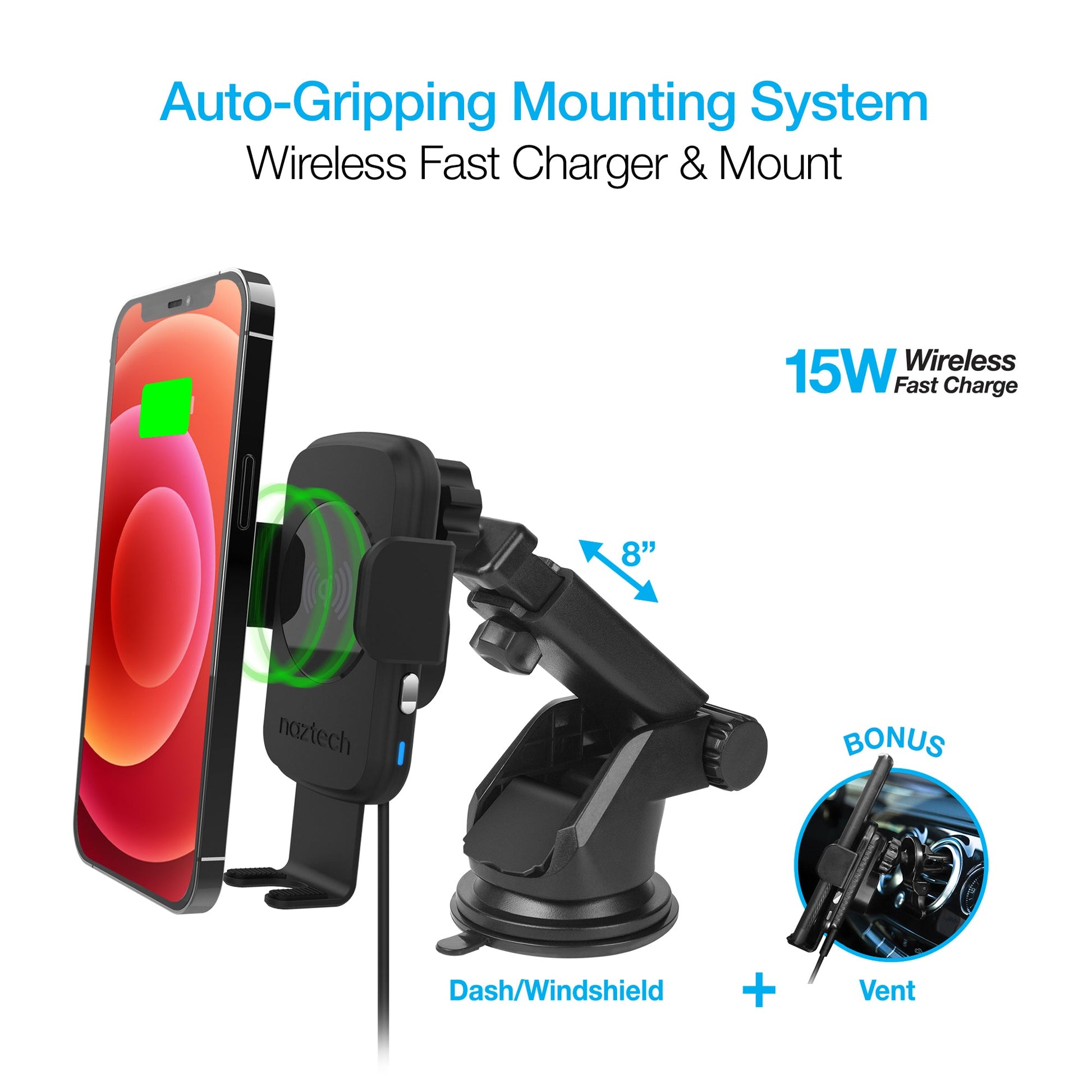 Smart Grip 15W Wireless Fast Charging Mount | Vent + Dashboard + Windshield | Black - US Stores
