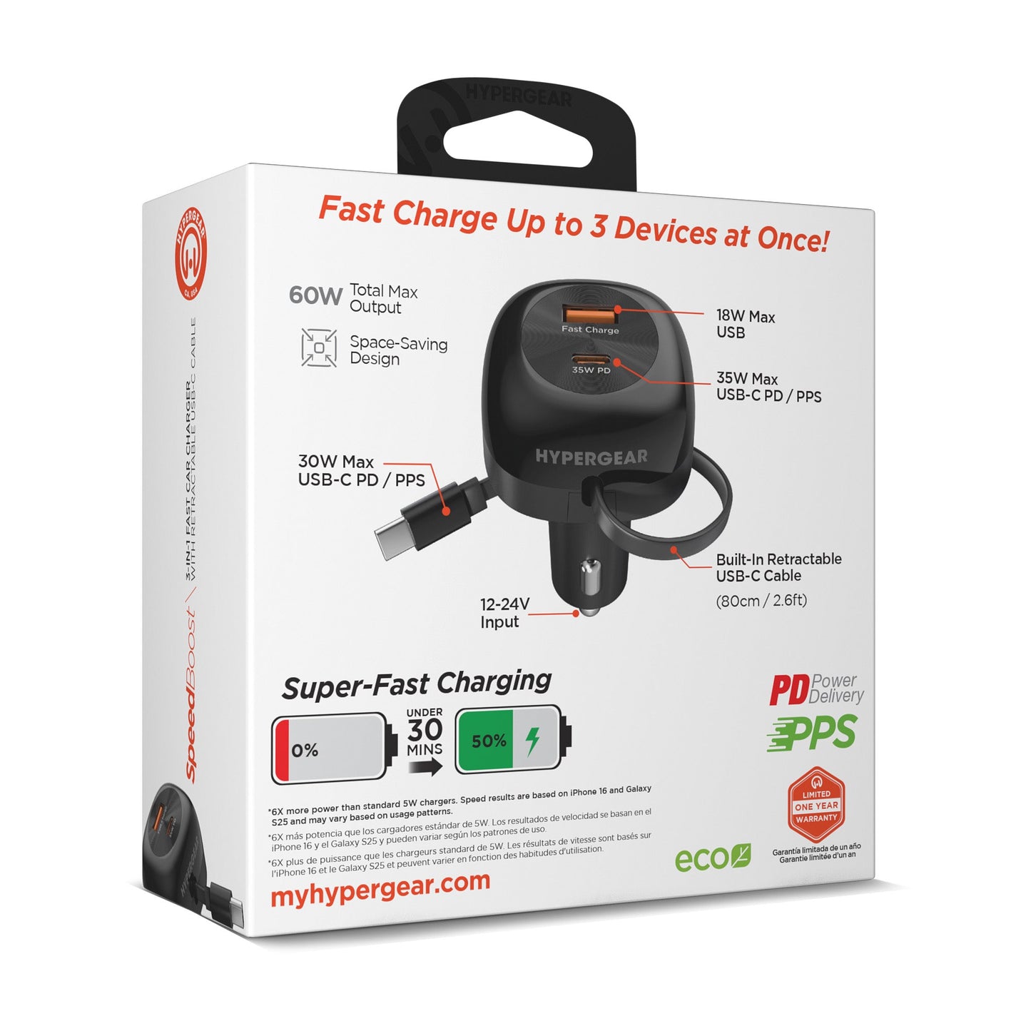 SpeedBoost 3-in-1 Fast Car Charger with Retractable 30W USB-C PD Cable - US Stores
