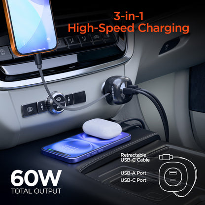 SpeedBoost 3-in-1 Fast Car Charger with Retractable 30W USB-C PD Cable - US Stores