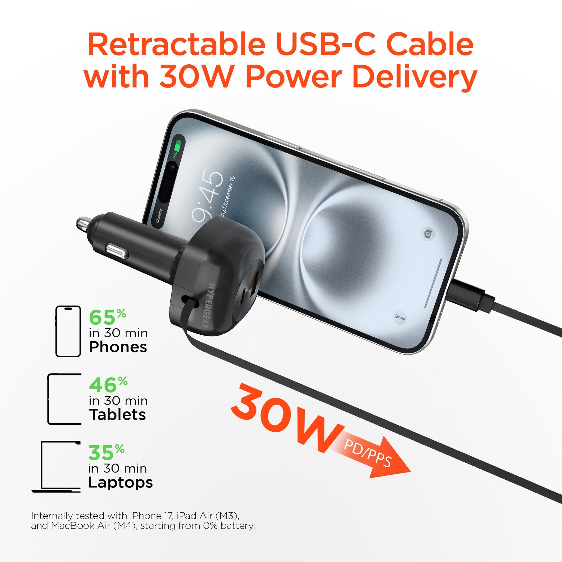 SpeedBoost 3-in-1 Fast Car Charger with Retractable 30W USB-C PD Cable - US Stores