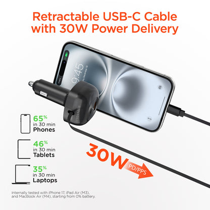 SpeedBoost 3-in-1 Fast Car Charger with Retractable 30W USB-C PD Cable - US Stores