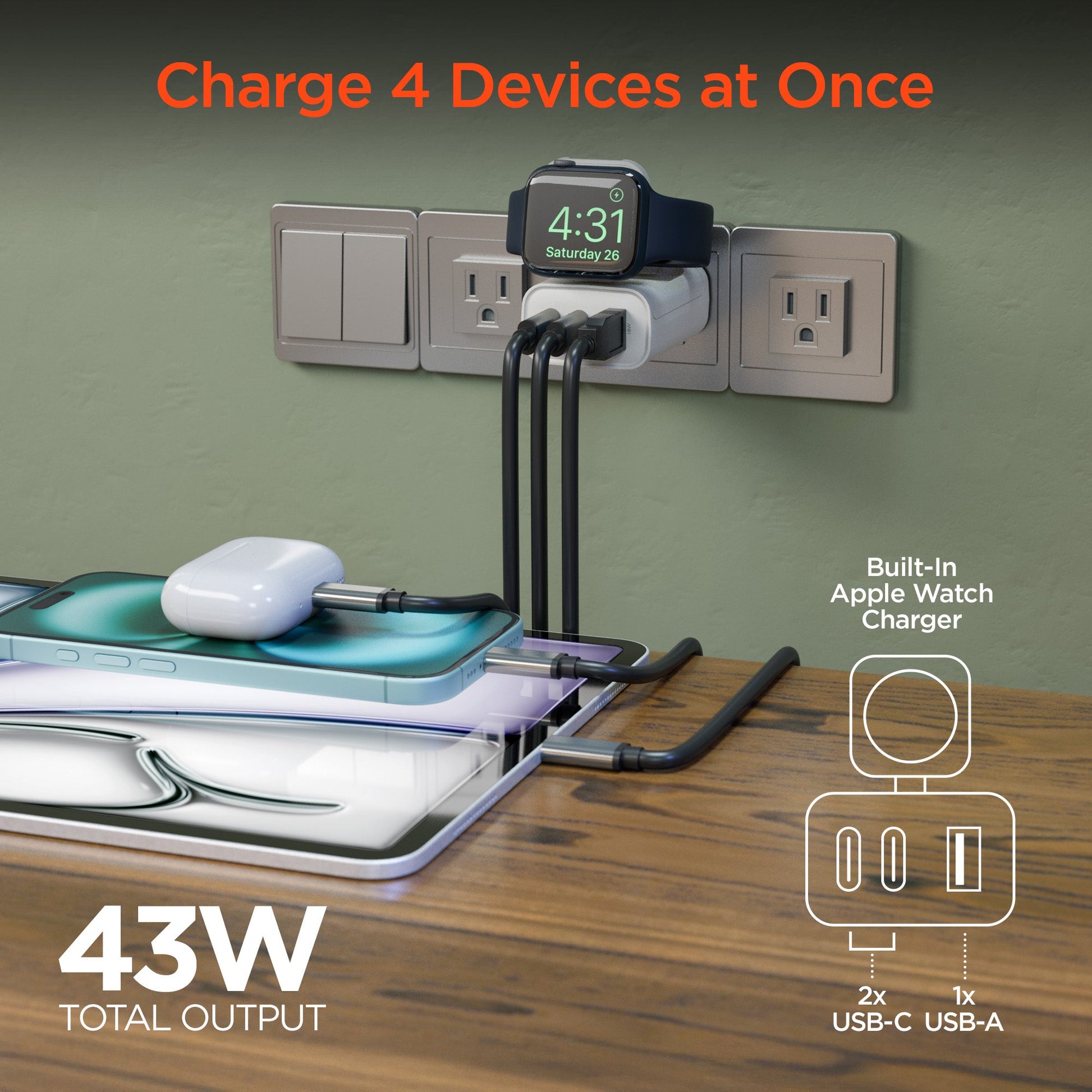 SpeedBoost 43W Three-Port USB-C PD + USB Fast Wall Charger with Built-In Apple Watch Charger - US Stores