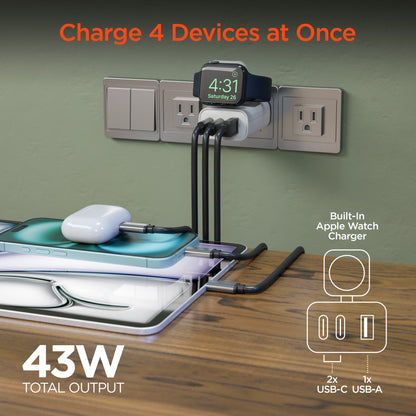 SpeedBoost 43W Three-Port USB-C PD + USB Fast Wall Charger with Built-In Apple Watch Charger - US Stores
