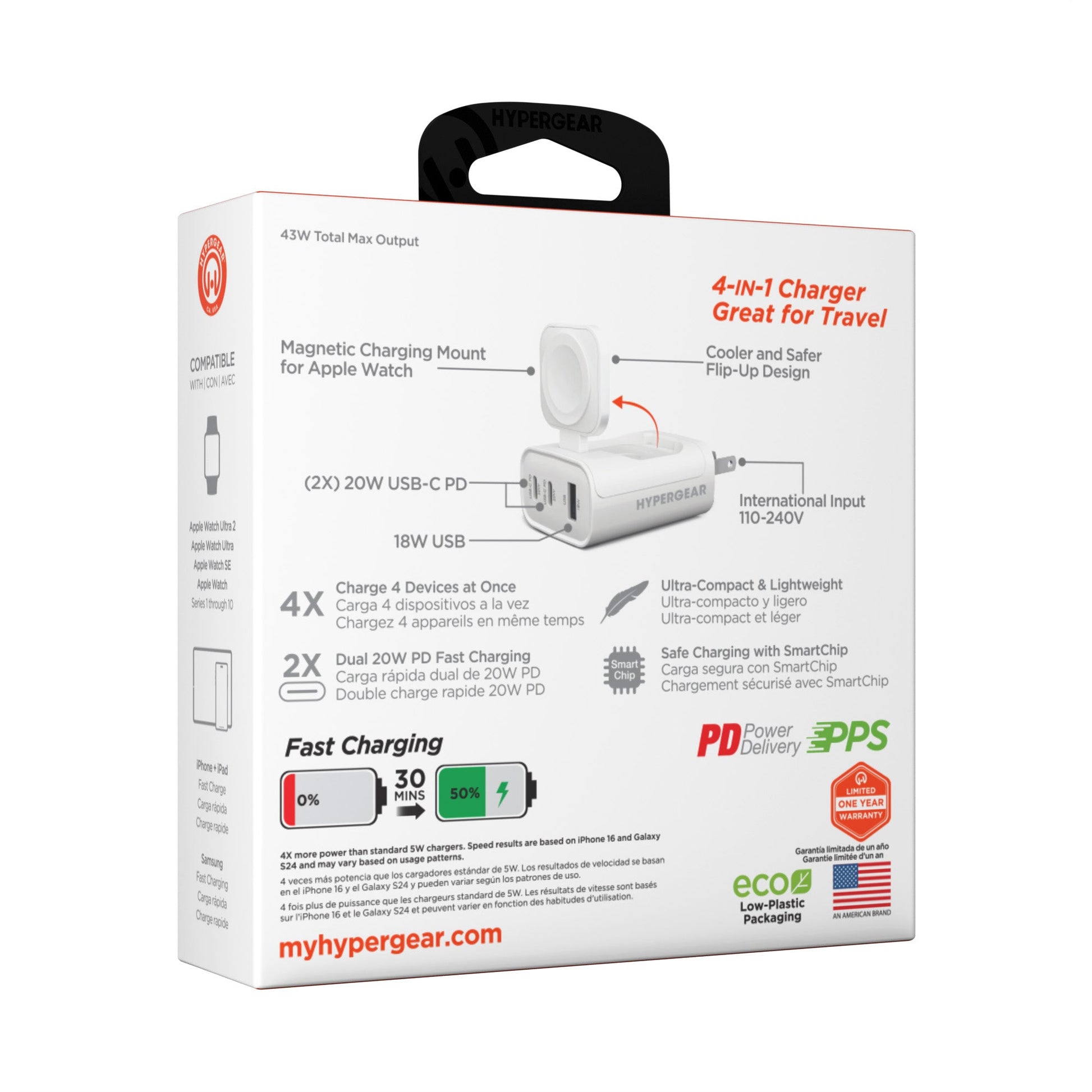 SpeedBoost 43W Three-Port USB-C PD + USB Fast Wall Charger with Built-In Apple Watch Charger - US Stores