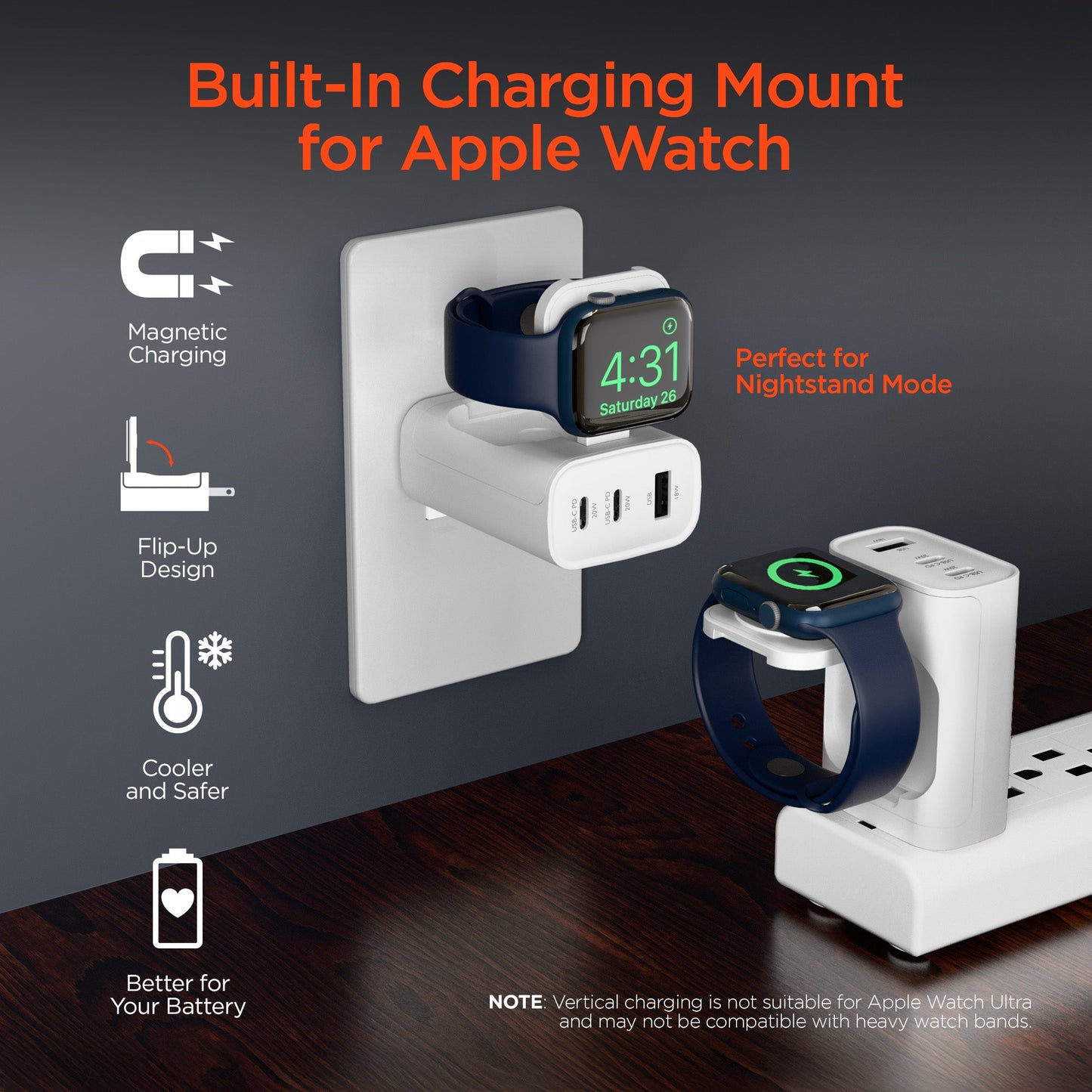 SpeedBoost 43W Three-Port USB-C PD + USB Fast Wall Charger with Built-In Apple Watch Charger - US Stores