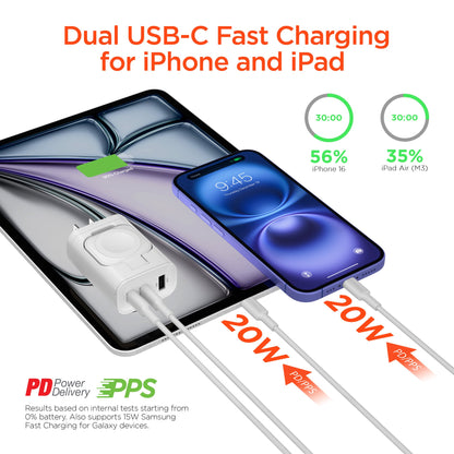 SpeedBoost 43W Three-Port USB-C PD + USB Fast Wall Charger with Built-In Apple Watch Charger - US Stores