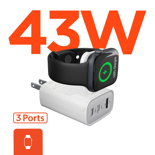 SpeedBoost 43W Three-Port USB-C PD + USB Fast Wall Charger with Built-In Apple Watch Charger - US Stores