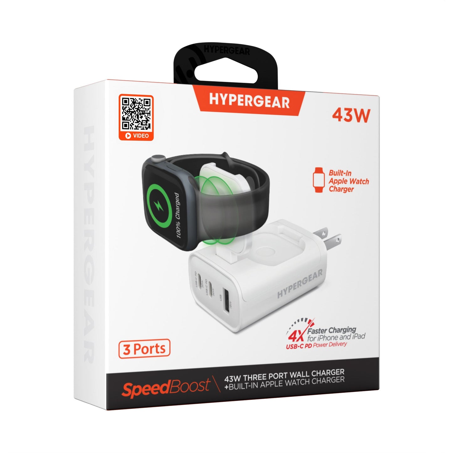 SpeedBoost 43W Three-Port USB-C PD + USB Fast Wall Charger with Built-In Apple Watch Charger - US Stores