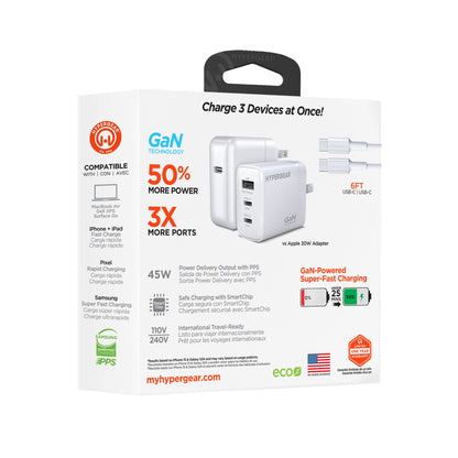 SpeedBoost 45W USB-C PD Tri-Port GaN Fast Wall Charger with PPS | 6ft USB-C Cable - US Stores