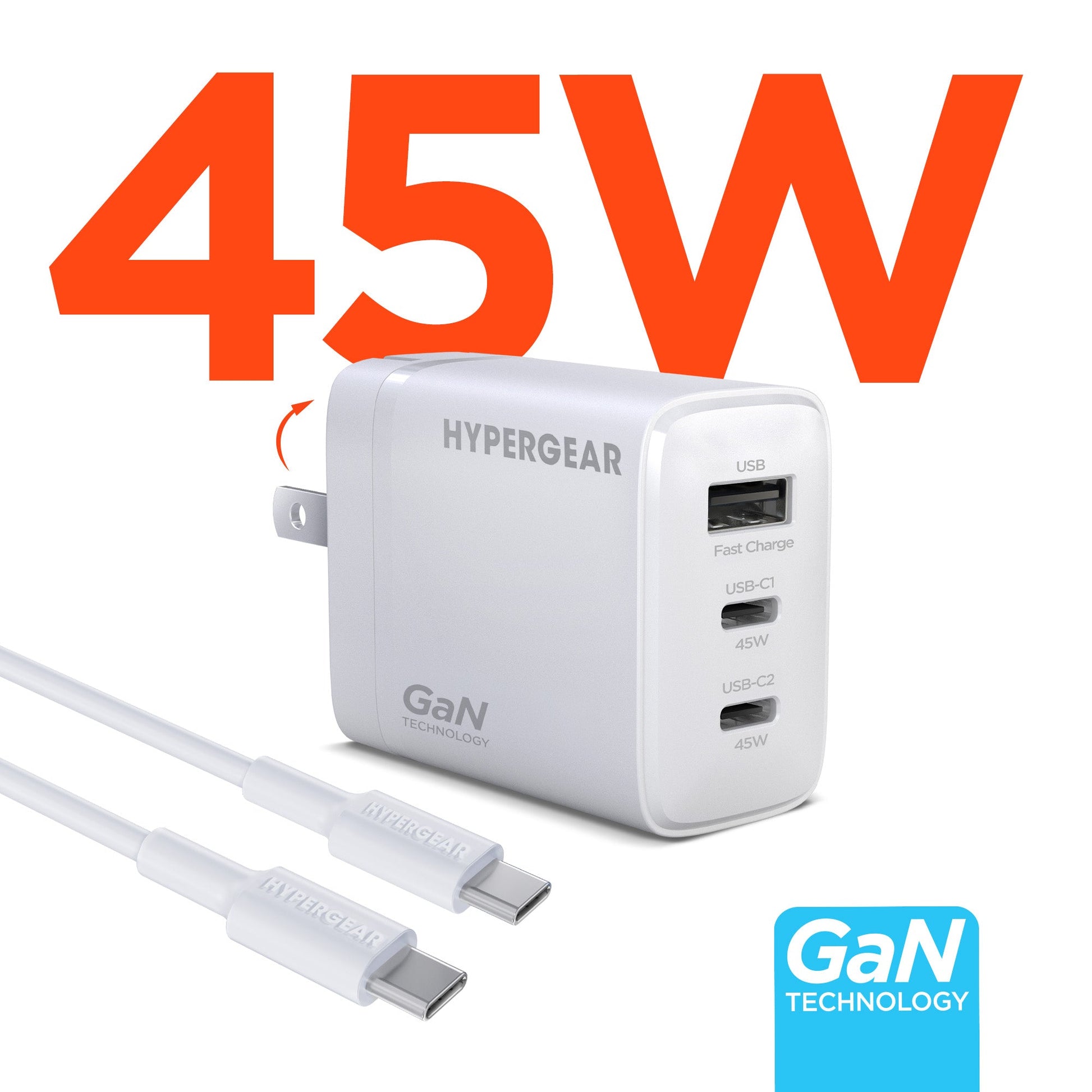 SpeedBoost 45W USB-C PD Tri-Port GaN Fast Wall Charger with PPS | 6ft USB-C Cable - US Stores