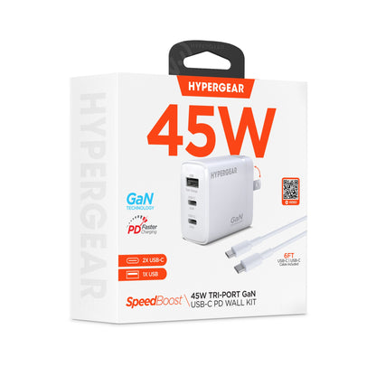 SpeedBoost 45W USB-C PD Tri-Port GaN Fast Wall Charger with PPS | 6ft USB-C Cable - US Stores