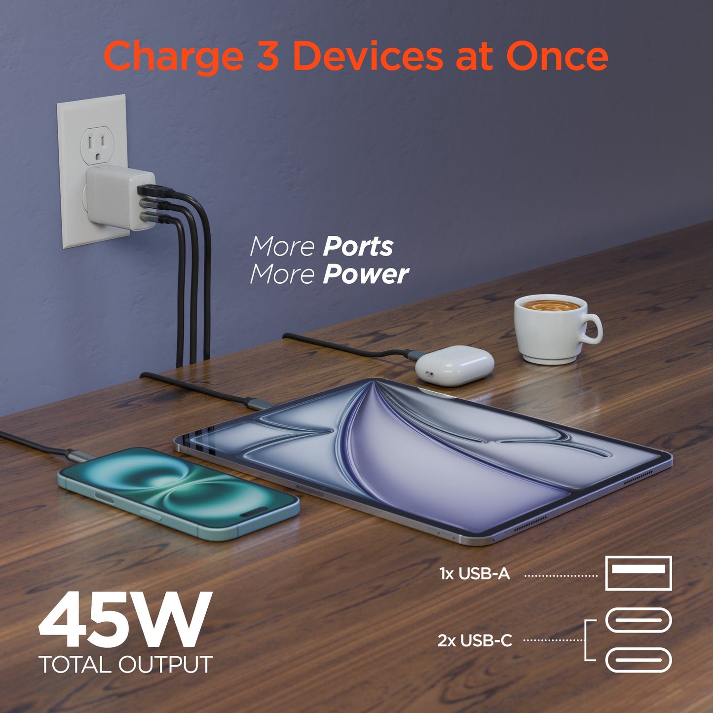 SpeedBoost 45W USB-C PD Tri-Port GaN Fast Wall Charger with PPS | 6ft USB-C Cable - US Stores