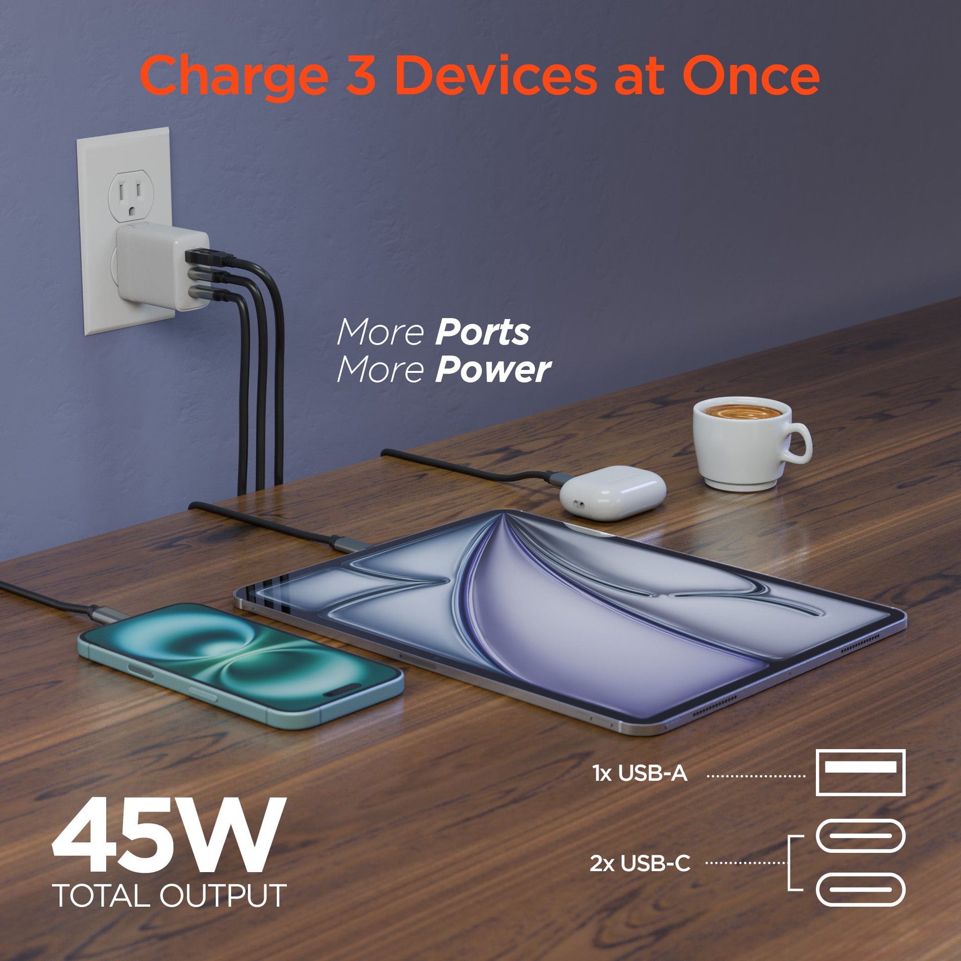 SpeedBoost 45W USB-C PD Tri-Port GaN Fast Wall Charger with PPS | 6ft USB-C Cable - US Stores