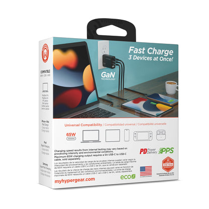 SpeedBoost 65W USB-C PD Tri-Port GaN Laptop Charger with PPS and Digital Display - US Stores