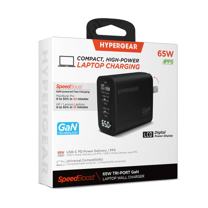 SpeedBoost 65W USB-C PD Tri-Port GaN Laptop Charger with PPS and Digital Display - US Stores
