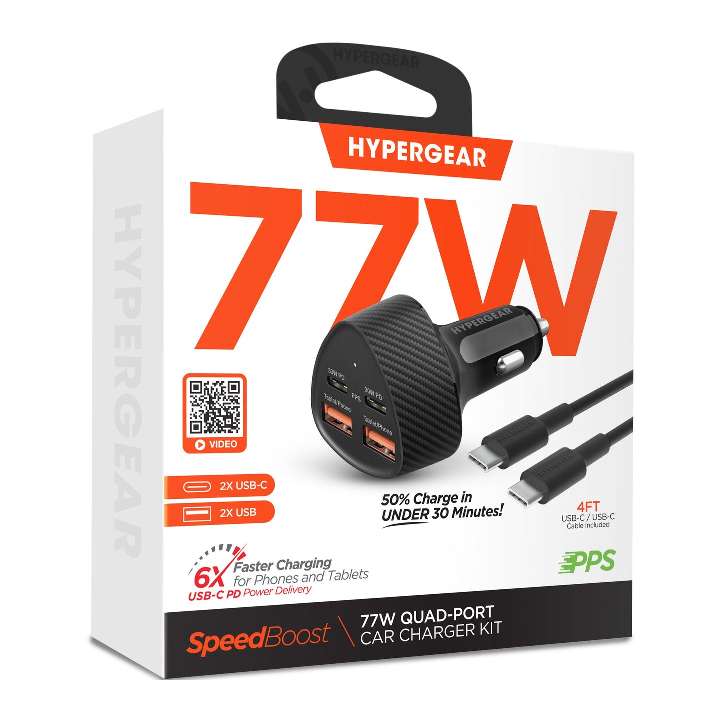 SpeedBoost 77W Quad-Port Fast Car Charger with Dual 30W USB-C PD PPS | 4ft USB-C Cable - US Stores