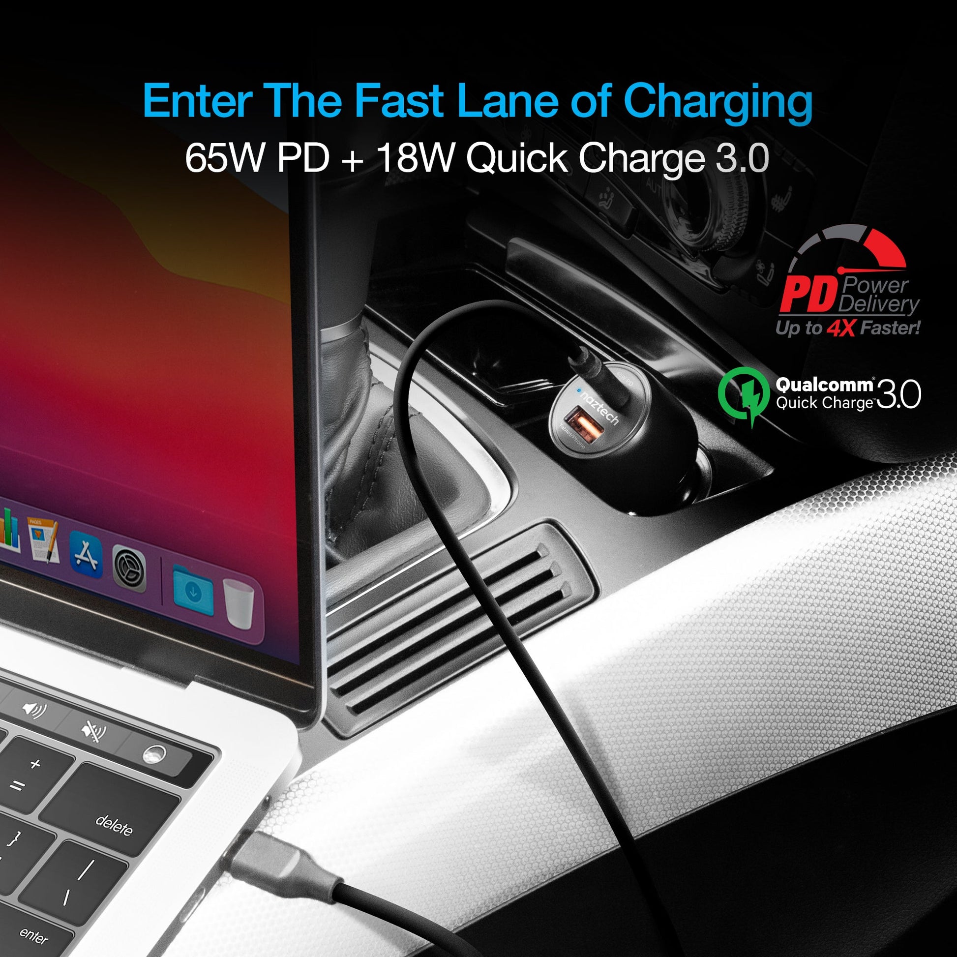 SpeedMax65 65W USB-C PD + USB Laptop Car Charger with Quick Charge 3.0 | Black - US Stores