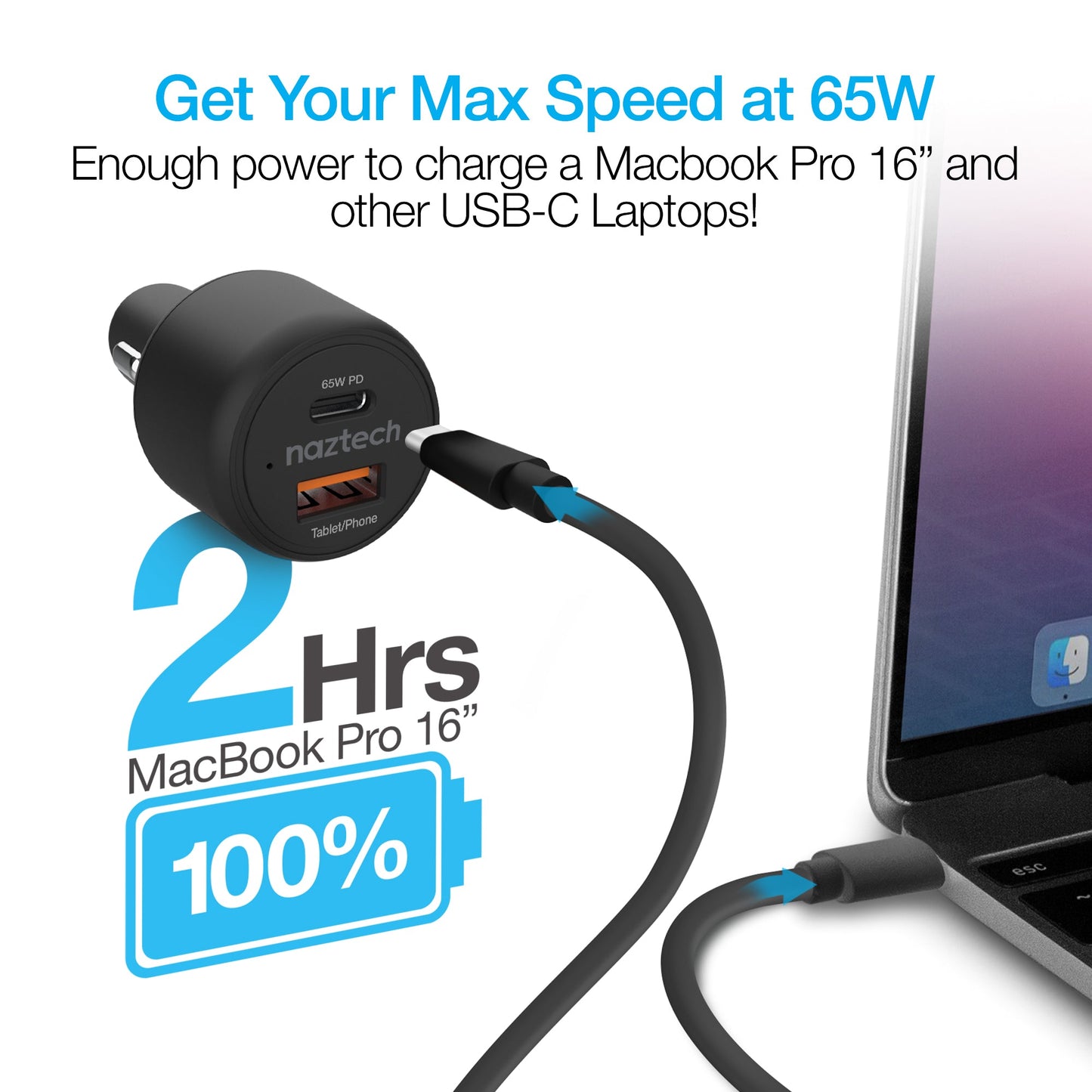 SpeedMax65 65W USB-C PD + USB Laptop Car Charger with Quick Charge 3.0 | Black - US Stores