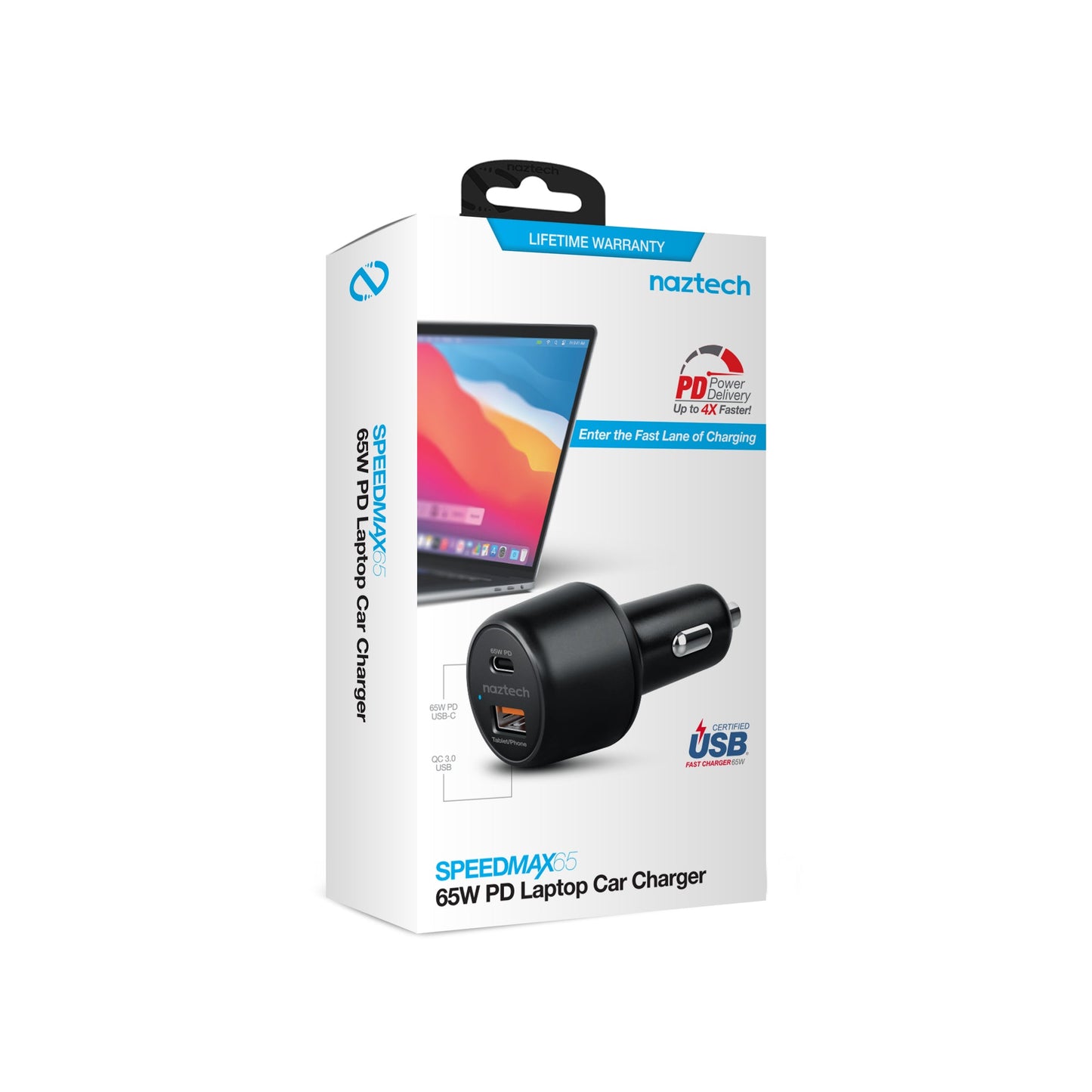 SpeedMax65 65W USB-C PD + USB Laptop Car Charger with Quick Charge 3.0 | Black - US Stores
