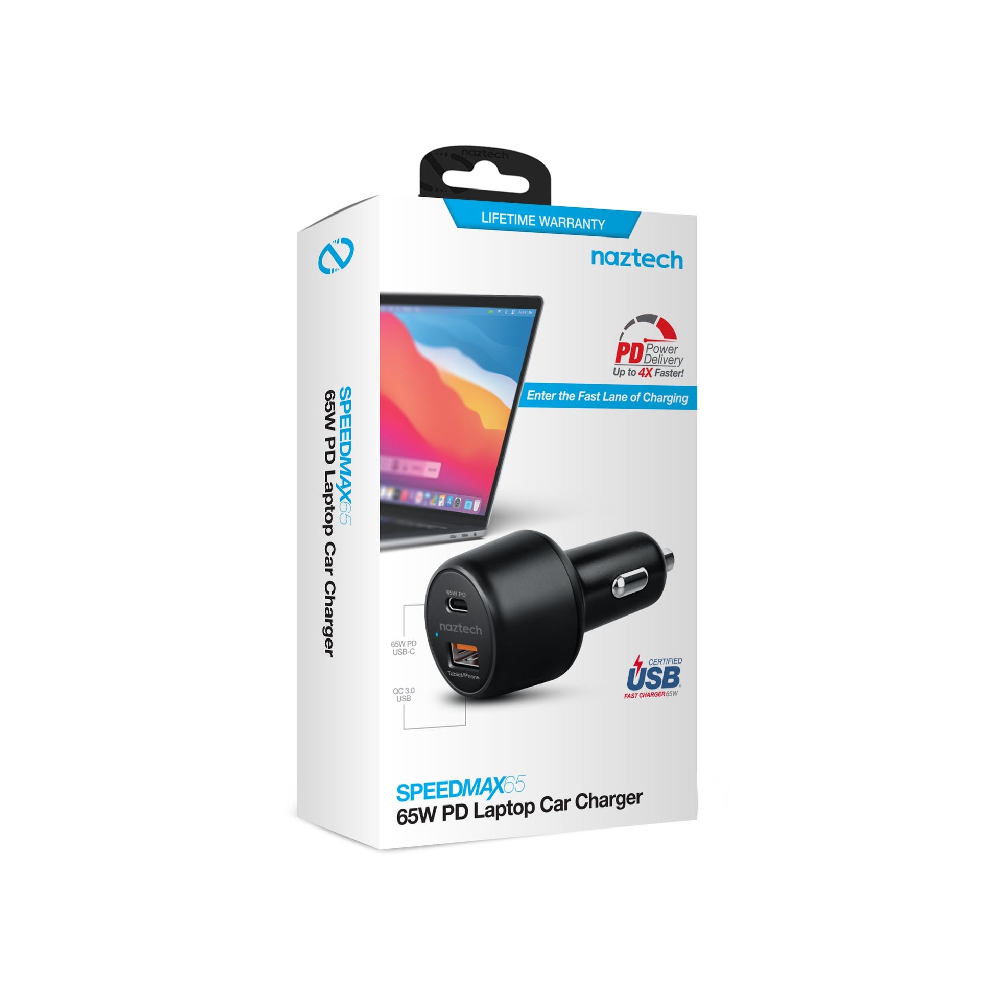 SpeedMax65 65W USB-C PD + USB Laptop Car Charger with Quick Charge 3.0 | Black - US Stores