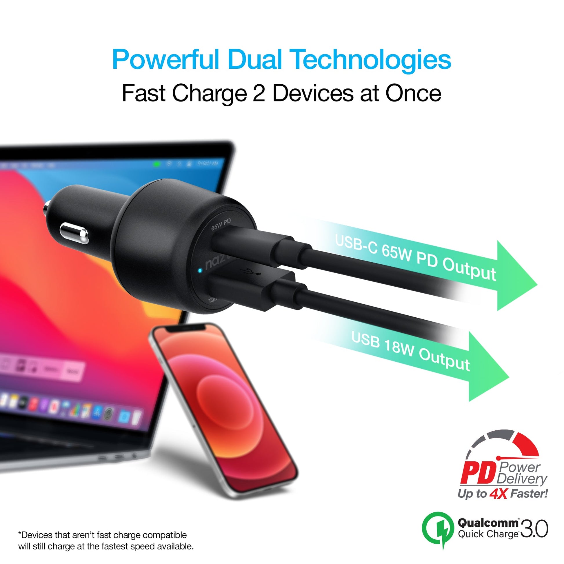 SpeedMax65 65W USB-C PD + USB Laptop Car Charger with Quick Charge 3.0 | Black - US Stores