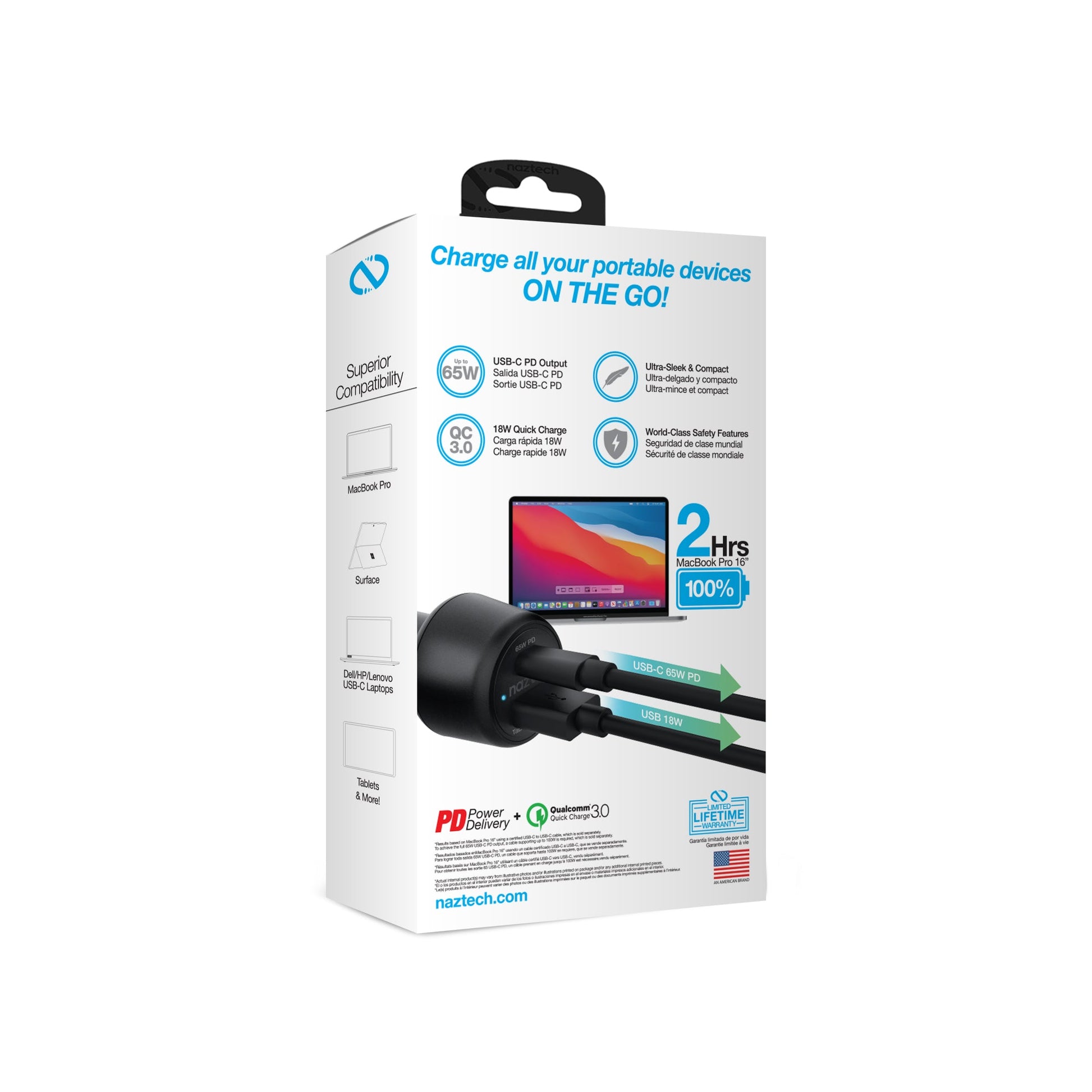 SpeedMax65 65W USB-C PD + USB Laptop Car Charger with Quick Charge 3.0 | Black - US Stores