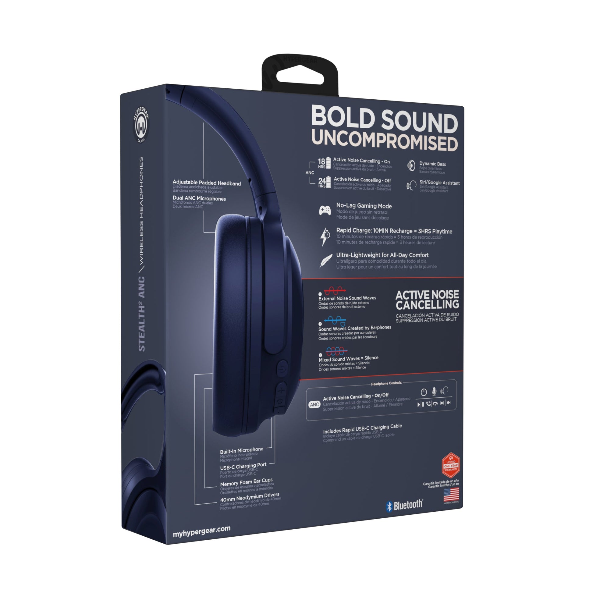 Stealth2 ANC Wireless Noise Cancelling Over-the-Ear Headphones | Blue - US Stores