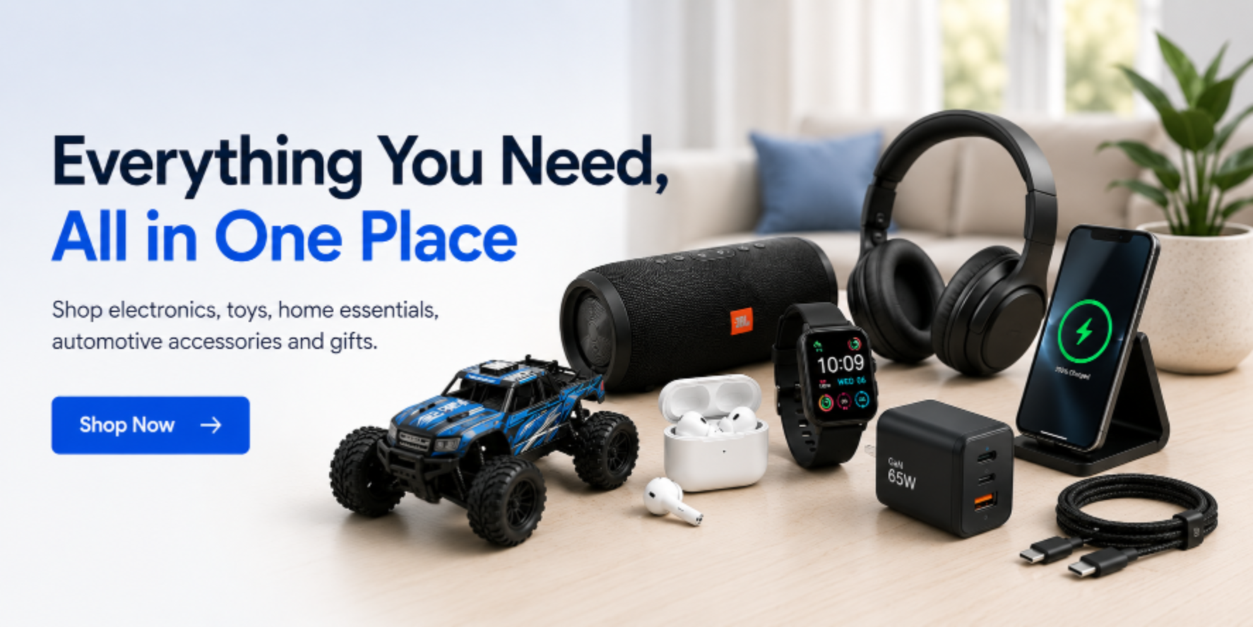 US Stores homepage banner featuring toys, electronics, home essentials, automotive accessories, and gifts.